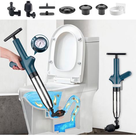 Nettoyeur de tuyau à air comprimé, kit de piston haute pression avec un support et 4 têtes interchangeables, déverrouillage de toilettes pour toilettes, baignoire, douche, lavabo, siphon de sol, salle (1/5)