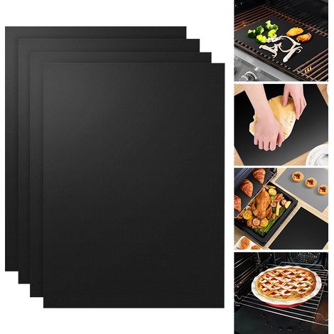 Set mit 4 antihaftbeschichteten Grill-Kochmatten, 40 x 33 cm, schwarze Kochmatten, wiederverwendbar, reinigbar, für Gas-, Holzkohle- oder Elektrogrills