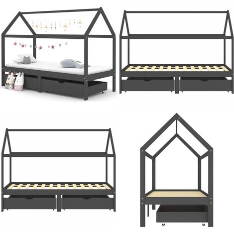 Estructura de cama infantil y cajones madera pino gris 90x200cm - Cajones de cama - Estructura de cama