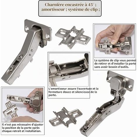 AERZETIX - C41047 - charnières invisibles clipsables pour éléments d'angle à 45° pour porte de meuble rentrant - 35 mm - avec clip et amortisseur (1/4)