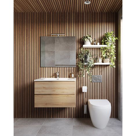 Mobile bagno 100x47 quercia con lavabo specchio e lampada Atene