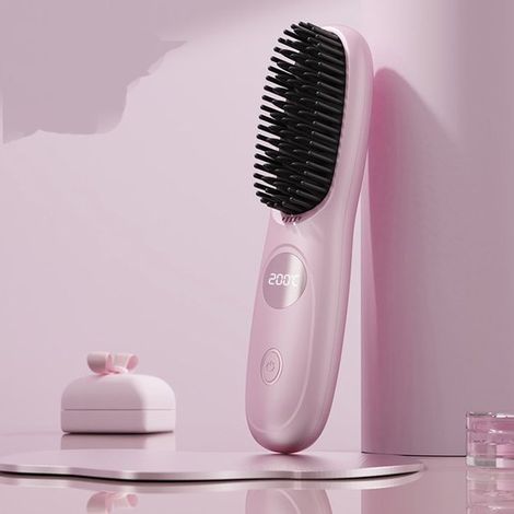 Brosse lissante sans fil – Chauffage rapide et température réglable – Écran LCD – Rechargeable USB – Brosse lissante portable pour voyage – Rose (1/5)