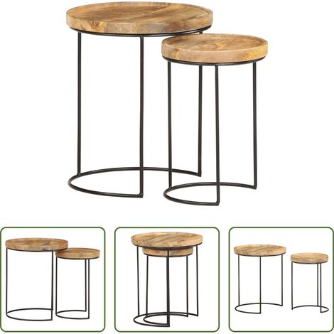 Bois de manguier - Ensemble de table basse 2 pcs bois de manguier massif et acier (1/5)