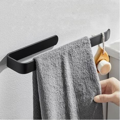 Toallero de pared, no requiere taladrar, fabricado en aluminio de calidad aeronáutica – Longitud: 28 cm – Capacidad: 4 kg – Acabado en negro mate – Fácil instalación (1/4)