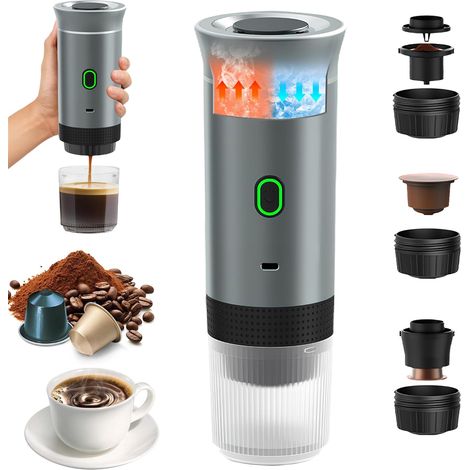 Macchina da caffè portatile, 3 in 1 per caffè espresso in capsule e macinato, macchina elettrica per espresso con riscaldamento rapido per ufficio, viaggi, campeggio, casa (argento)