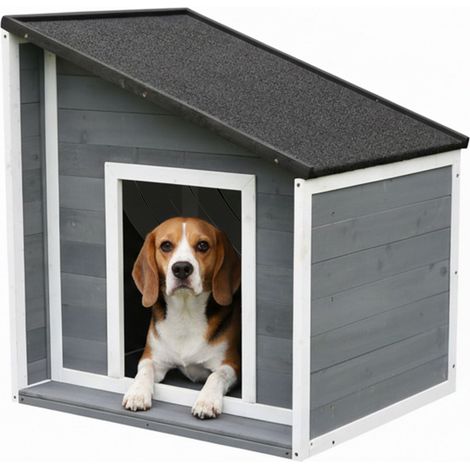Niche pour chien Relaxdays, en bois étanche, toit inclinable pour petits chiens, H x L x P : 77 x 71 x 58 cm, gris/blanc