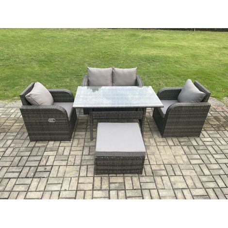 Fimous Outdoor Rattan Garden Furniture Lounge Sofa Set With Oblong Rectangular Dining Table 2 PC Reclining Chair Big Footstool (1/5)