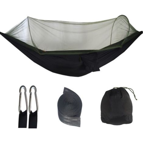 Noir, design à ouverture rapide, 250 x 120 cm Hamac en nylon anti-basculement, hamac simple ou double d'extérieur, hamac parachute léger pour le camping, hamac en nylon avec moustiquaire (1/5)
