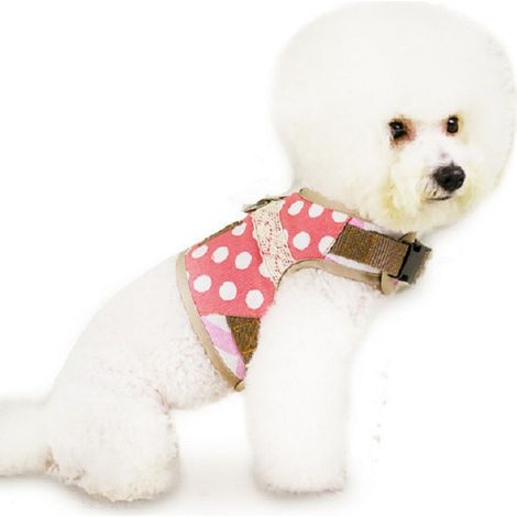 Verstellbares Hundegeschirr, weich, bequem, atmungsaktiv und modisch, ideal für Spaziergänge mit kleinen Hunden und Welpen. Rosa gepunktet, Größe M. (1/4)