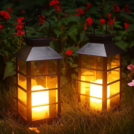Lanterne solaire de Noël, lanterne suspendue pour jardin extérieur - Lanternes solaires LED étanches en plastique, effet bougie vacillante sans flamme, lot de 2 (1/5)