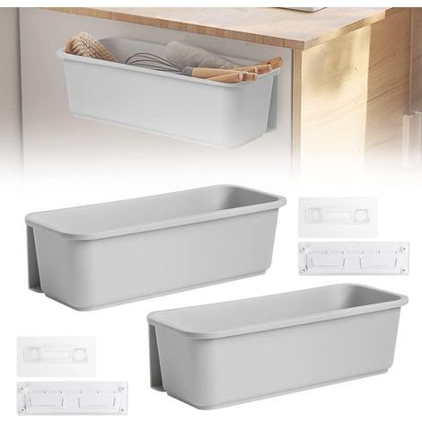 2-Piece Sliding Basket Organizer, 37.6x15.2x11.2cm, Under Sink Storage Shelf, Sliding Kitchen Storage Basket with 2 Rails and 4 Adhesive Supports for Kitchen, White (1/5)