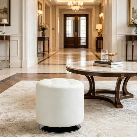 Pouf poggiapiedi rotondo girevole 360°, Ø45,5 x H44,5 cm, in PU bianco HAVRYA (1/5)