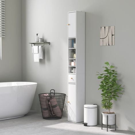 Meuble de salle de bain gain de place avec 2 placards, 3 étagères ouvertes et un tiroir. En bois. 20 x 20 x 178 cm. Blanc.