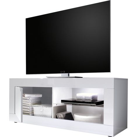 TV-Schrank Gambara, 2 Regalböden, mit Grifföffnung, Made in Italy, 4 Fächer, 140x43x56h cm Hochglanz Weiß