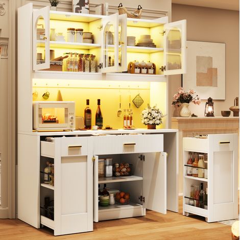 Armario de cocina alto con LED RGB, vitrinas de vidrio, cajones y estantes laterales extraíbles, blanco, encimera efecto madera y control por app – CHICFURN (1/5)