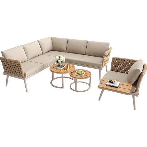 Salon de Jardin 6 Places en Fer avec 2 Tables, 2 Canapés, Fauteuil et Coussins Épais, Beige (1/5)
