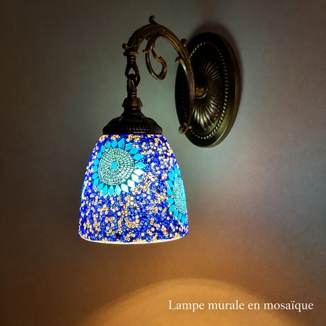 Applique Murale Rétro Ethnique Abat-Jour Verre LED Bleu Modèle Filaire à Brancher 23 × 23 × 25 cm 1,8 kg – Livraison gratuite