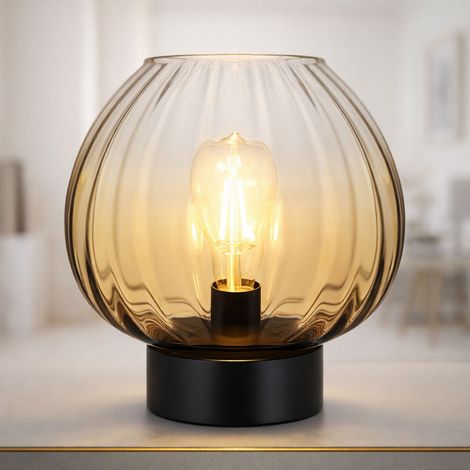 LED Tischleuchte Tischlampe Glas Schlafzimmerleuchte amber schwarz, Schalter, Metall, 1x 7W 630lm warmweiß, DxH 23x23,5 cm