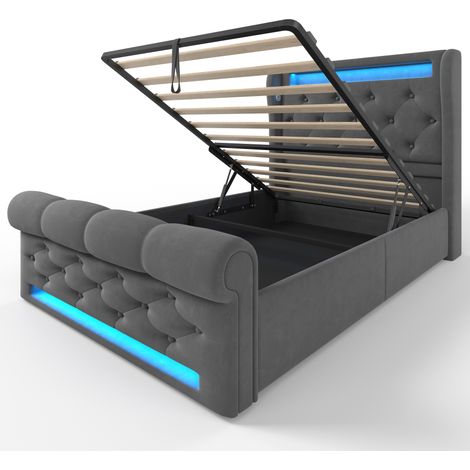 Cama canapé tapizada 90x200 cm en terciopelo gris con LED, USB y USB-C, sin colchón (1/5)