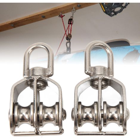 Deux poulies doubles M15 à vendre. Ces poulies et rouleaux en acier inoxydable ont une capacité de charge de 35 kg et sont utilisés pour le levage de câbles sur les grues. (1/5)