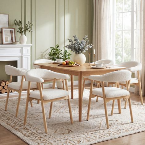 Chaises de salle à manger en bois massif (lot de 4) — confortables et respirantes  adaptées aux salles à manger, salons et cafés  style moderne avec revêtement en tissu bouclé, finitions en bois natur (1/5)