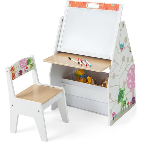 3 en 1 chevalet enfant avec table et chaise, tableau noir/blanc pour dessin, avec rangement intégré (1/5)