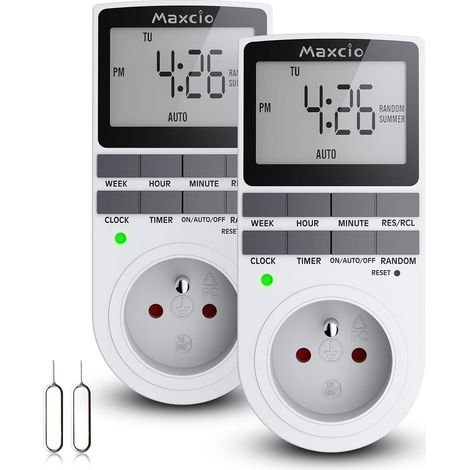 Prise Programmable Digitale, Minuterie Numérique Journalier/Hebdomadaire, Programmateur Prise Electrique avec Ecran LCD et Mode Aléatoire Antivol, Économie d'Energie, 16A/3680W Max (2 Packs)