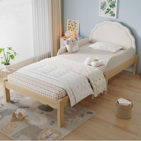 Letto singolo per bambini 90x200 cm beige e naturale in legno con testiera imbottita in PU e sponde laterali (1/5)