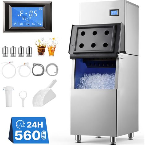 VEVOR Gewerbliche Eiswürfelmaschine 254 kg/Tag Eisproduktion Edelstahl, Eiswürfelbereiter, Touchscreen, Einstellbare Eisdicke, Selbstreinigung, 113 kg Fassender Behälter, 182 Stk. Eiswürfelformen (1/5)