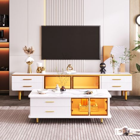 Meuble tv 170 x 37 x 47.5cm effet marbre avec tiroirs dorés et portes en verre trempé (1/5)