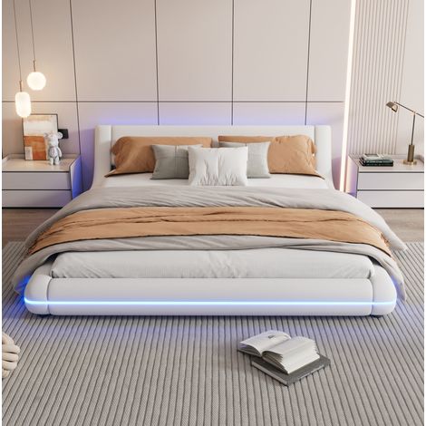 Letto basso 160x200 cm in PU bianco con LED perimetrali e rete a doghe (1/5)