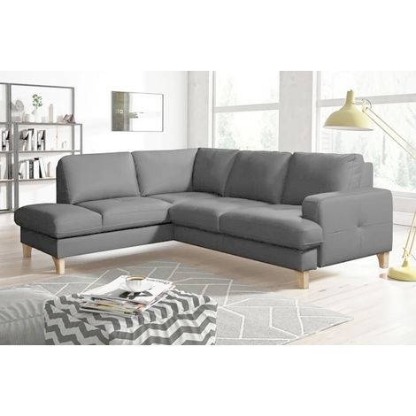 Canapé d'angle convertible en cuir italien de luxe 4/5 places avec coffre, FARELI, gris clair, angle gauche