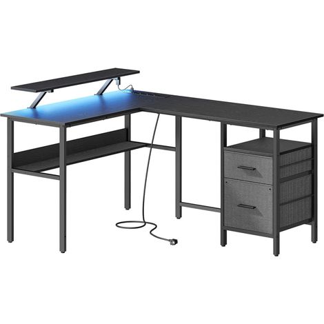 Bureau d'angle avec multiprise 120 x 150 x 76 cm informatique avec rehausseur d’écran bureau gaming led 2 tiroirs 2 ports usb facile à monter noir