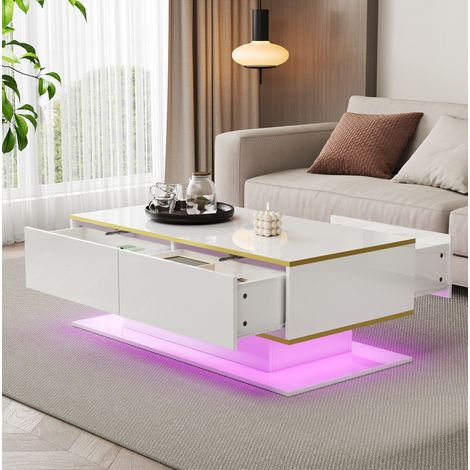 Mesa de centro de aglomerado blanco y oro 100 cm con 3 cajones, hueco abierto y LED (1/5)