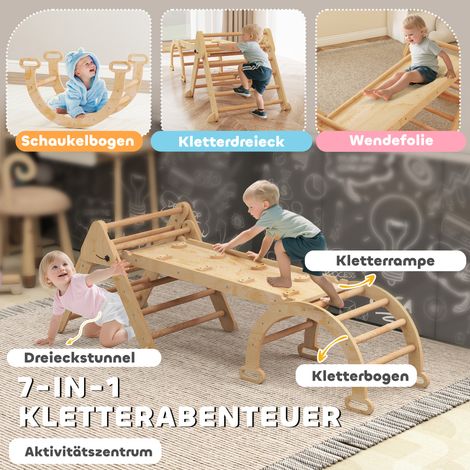 Structure d'escalade 7-en-1 pliable en bois, échelle courbée, rampe, mur d'escalade, toboggan, pour enfants 18 mois-4 ans (1/4)