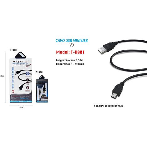 Trade Shop - Usb Mini Usb/v3 1.5 Mt 2100ma Para Mp3 Mp4 Ps Maxtech F-v001 -