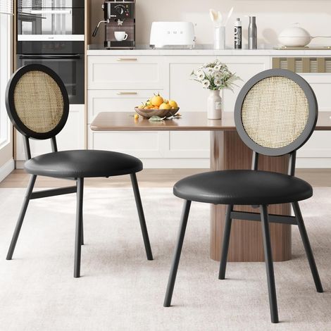 Lot de 2 chaises de salle à manger en rotin naturel et assise rembourrée - Design ergonomique - Structure en métal - Style Industriel & Boho (1/5)
