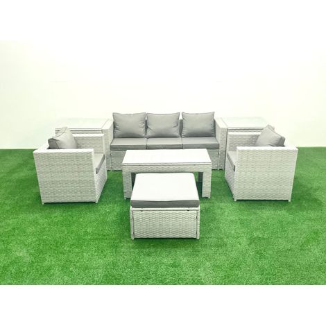 Fimous Salon de jardin 7 Pièces Canapé de jardin Table basse oblongue avec 2 Chaises 2 Tables d'appoint Stool Gris clair mixte (1/5)