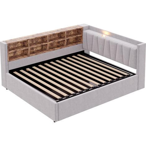 Letto imbottito 140x200 cm in velluto grigio chiaro con contenitore, luce notte e USB Type-C (1/5)