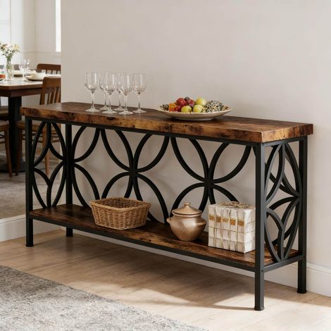 Mesa consola 160x29.5x80 cm negro y marrón rústico en metal y madera con 2 estantes abiertos (1/5)