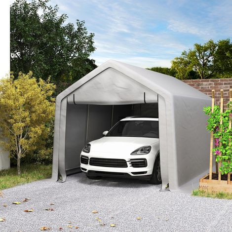 Abri voiture extérieur 3x5,2m gris, carport toile avec porte latérale enroulable amovible, tente de garage robuste pour protéger véhicule, auvent auto démontable (1/5)