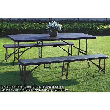 Set da Giardino Pieghevole RichiudibiliTavolo e 2 Panche Picnic Arredo Esterno effetto Legno con Struttura in Metallo (1/4)