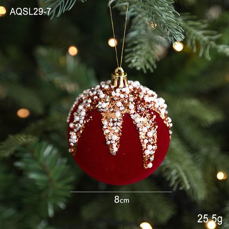 Boule de Noël rouge vin / Boule décorative en plastique avec flocking velours, paillettes et perles, capuchon doré (1/2)