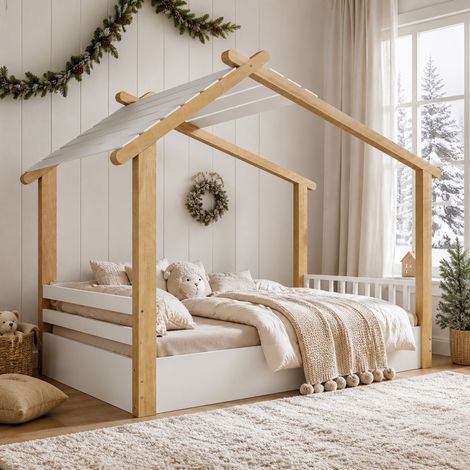 Cama infantil casita de madera blanca y natural 90x190 cm (1/5)