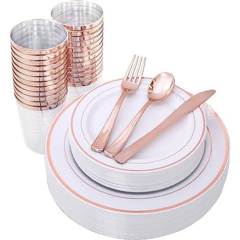 150 Pièces Vaisselle en Plastique Réutilisable en Or Rose, Assiettes Plates, Assiettes à Salade, Couteaux, Fourchettes, Cuillères, Tasses - 25 chacun pour Anniversaire Mariage Jardin Fête (1/5)