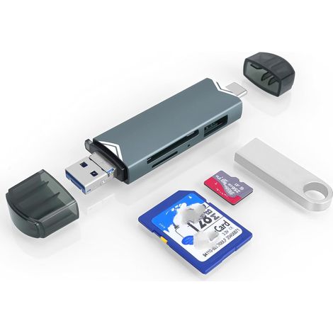 SD-Kartenleser, 6-in-1 USB C/USB 3.0 Dual Slot OTG Speicherkartenadapter für TF/SD/Micro SD/SDXC/Micro SDXC/Micro SDHC Speicherkarten (grau)
