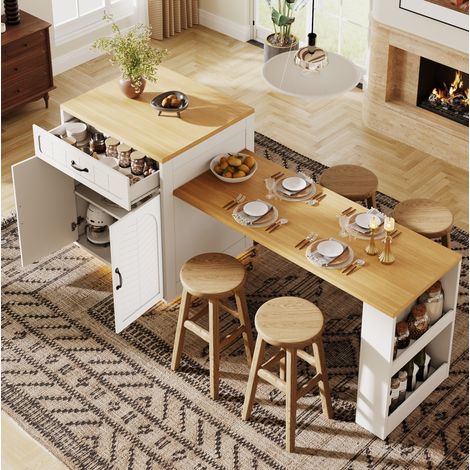 Kücheninsel 80x70x95.5 cm weiß aus MDF und Metall mit Ausziehtisch, Stauraum und Weinregal (1/5)