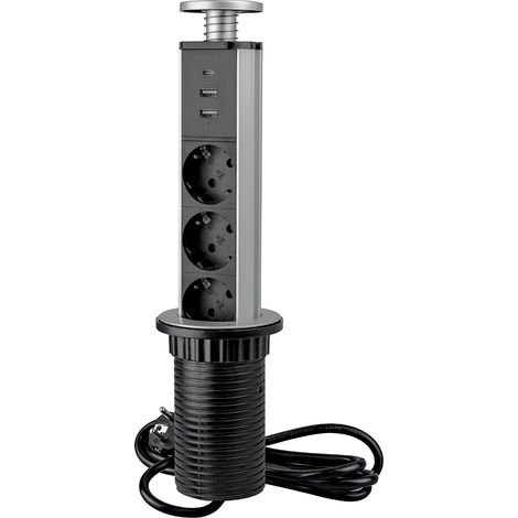Bloc multiprise escamotable avec charge rapide, 3 Prises Schuko EU, 2 USB A + 1 USB C, Tour multiprise encastrable, Gris Métallisé, Plastique et Aluminium (1/5)