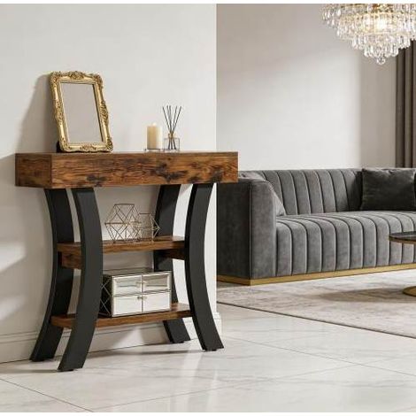 Tavolo consolle 105x30x80 cm, 3 ripiani aperti, piedi regolabili, struttura in metallo e MDF, nero e marrone rustico (1/5)