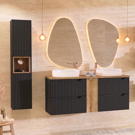 Conjunto de muebles con doble lavabo 140cm 4 cajones y columna Riva Negro y Madera (1/4)